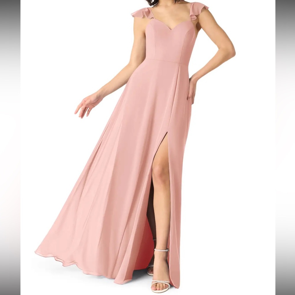 Azazie Rosette Ruffled-Sleeve Maxi Dress with Thigh Slit